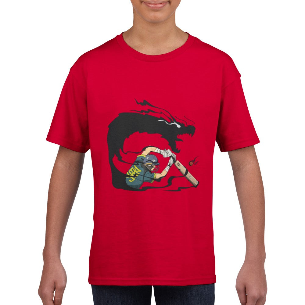 Child wearing a red t-shirt with the design of a cricketer playing a shot and exuding a dragon shaped aura